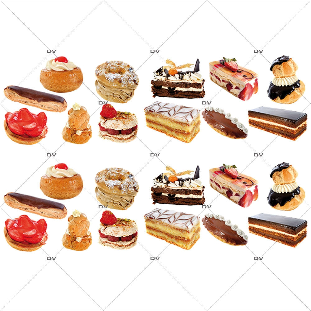 Sticker-frises-gâteaux-pâtisseries-françaises-France-qualité-éclairs-millefeuilles-tartes-fraisier-choux-mignardises-vitrophanie-décoration-vitrine-boulangerie-pâtisserie-salon-de-thé-électrostatique-sans-colle-repositionnable-réutilisable-DECO-VITRES