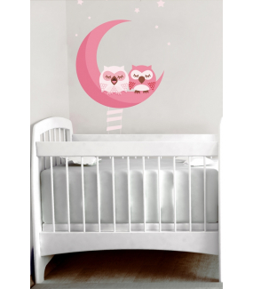 Sticker-hiboux-sur-croissant-de-lune-échelle-oiseaux-roses-chambre-bébé-enfant-adhésif-encres-écologiques-latex-décoration-intérieure-DECO-VITRES