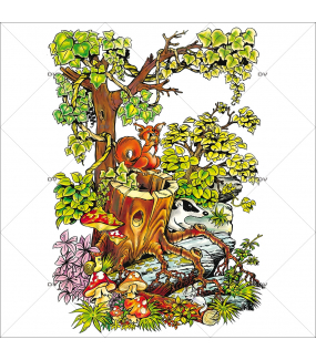 Sticker-souche-lierre-écureuil-cartoon-paysage-printemps-été-vitrophanie-décoration-vitrine-estivale-printanière-électrostatique-sans-colle-repositionnable-réutilisable-DECO-VITRES