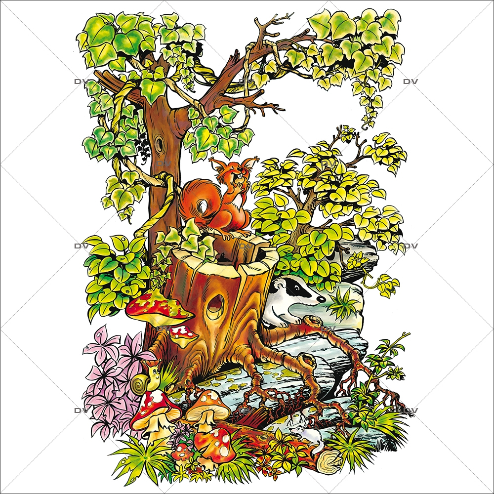 Sticker-souche-lierre-écureuil-cartoon-paysage-printemps-été-vitrophanie-décoration-vitrine-estivale-printanière-électrostatique-sans-colle-repositionnable-réutilisable-DECO-VITRES