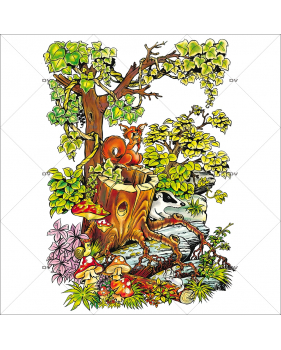 Sticker-souche-lierre-écureuil-cartoon-paysage-printemps-été-vitrophanie-décoration-vitrine-estivale-printanière-électrostatique-sans-colle-repositionnable-réutilisable-DECO-VITRES