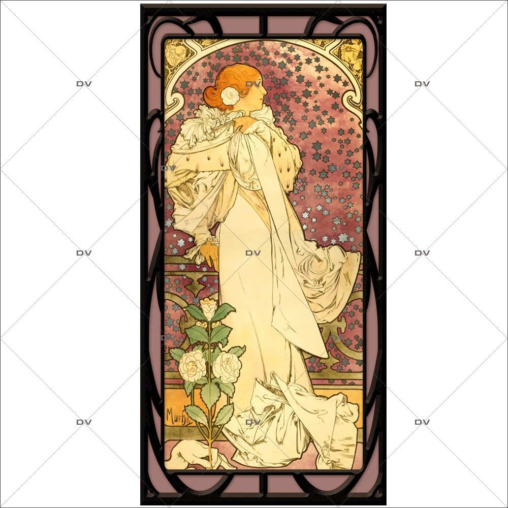 Sticker-vitrail-Mucha-fleurs-art-nouveau-retro-vintage-la-dame-aux-camélias-vitrophanie-électrostatique-sans-colle-repositionnable-réutilisable-ou-adhésif-décoration-fenêtres-vitres-DECO-VITRES