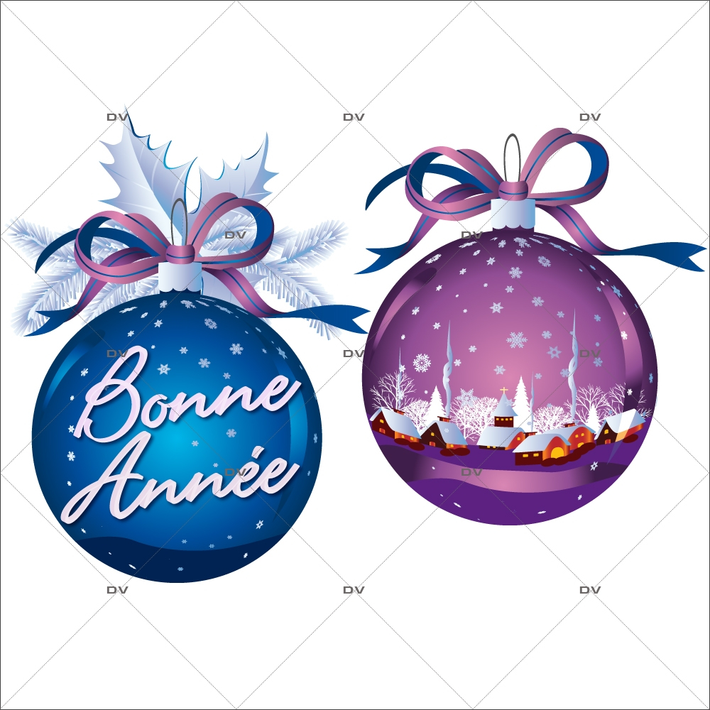 Sticker-boules-de-noël-géantes-texte-bonne-année-bleu-violet-vitrophanie-décoration-vitrine-noël-électrostatique-sans-colle-repositionnable-réutilisable-DECO-VITRES