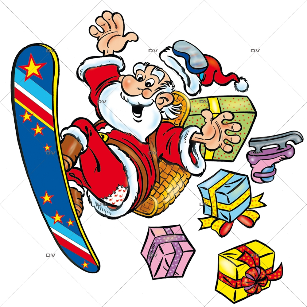 Sticker-père-noël-ski-surf-cadeaux-vitrophanie-décoration-vitrine-noël-électrostatique-sans-colle-repositionnable-réutilisable-DECO-VITRES