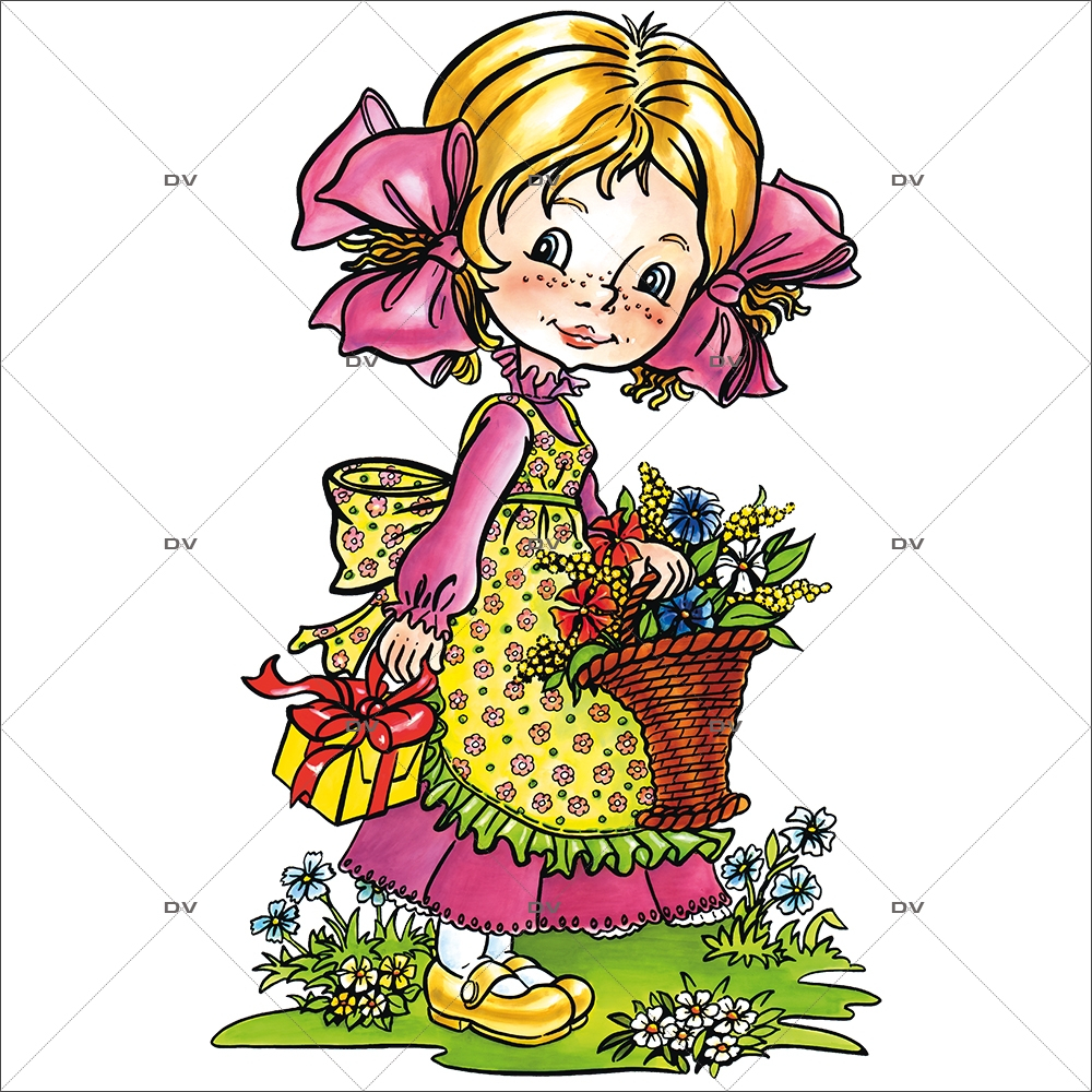 Sticker-petite-fille-modèle-panier-de-fleurs-chambre-enfant-bébé-mural-adhésif-encres-écologiques-latex-décoration-intérieure-DECO-VITRES