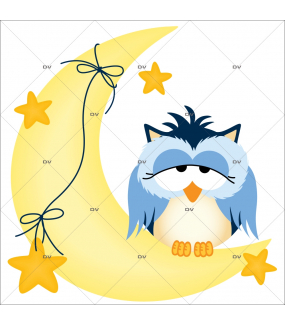 Sticker-hiboux-sur-croissant-de-lune-oiseaux-bleus-chambre-bébé-enfant-adhésif-encres-écologiques-latex-décoration-intérieure-DECO-VITRES