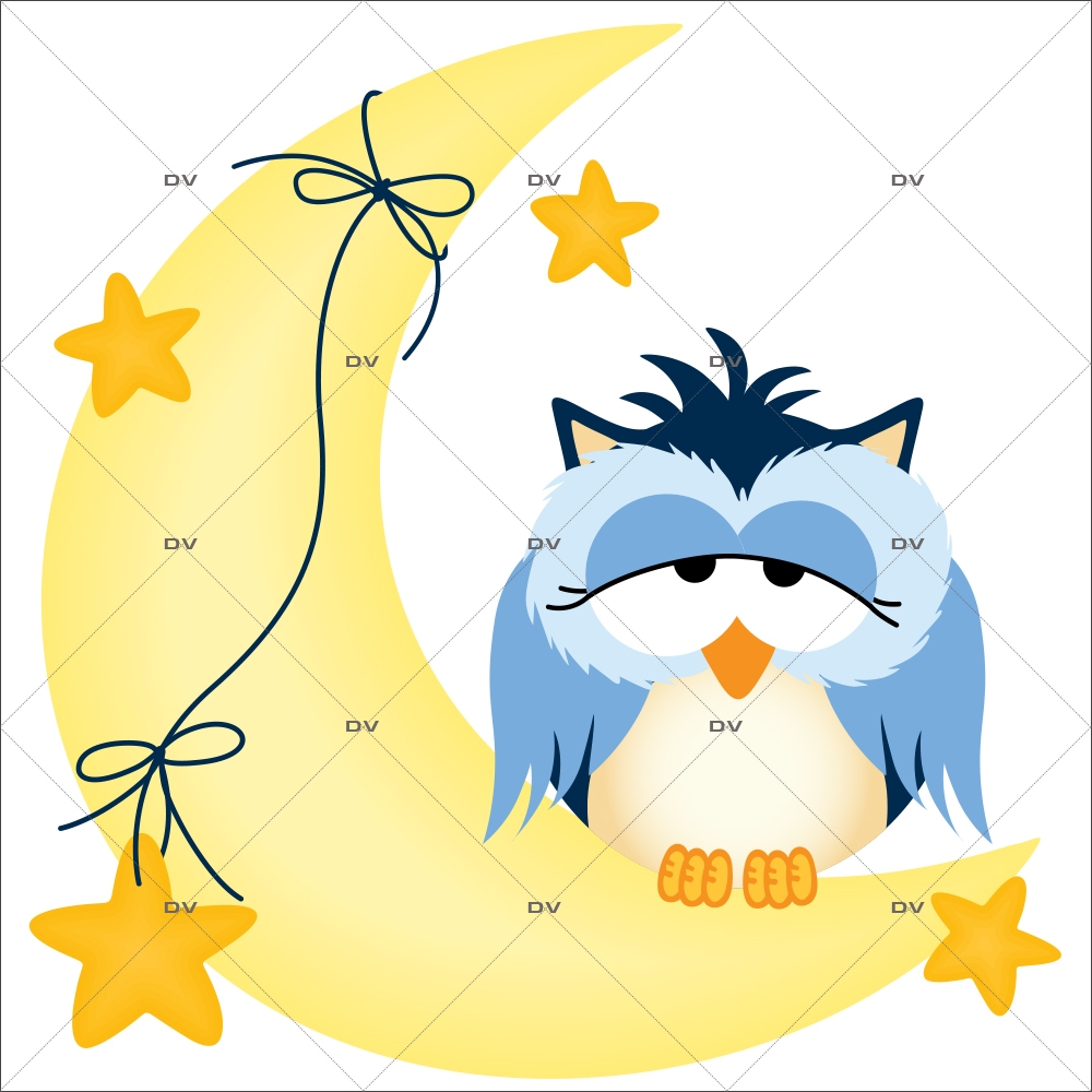 Sticker-hiboux-sur-croissant-de-lune-oiseaux-bleus-chambre-bébé-enfant-adhésif-encres-écologiques-latex-décoration-intérieure-DECO-VITRES