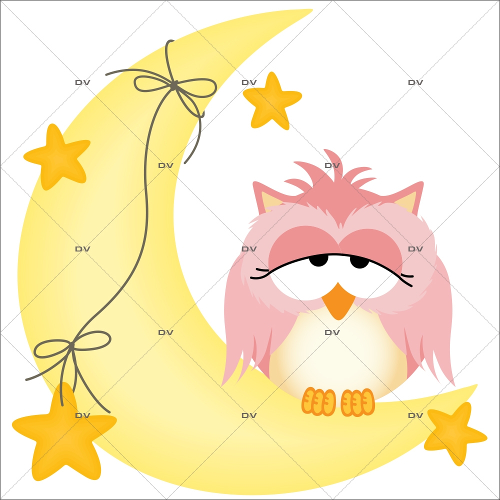 Sticker-hiboux-sur-croissant-de-lune-oiseaux-roses-chambre-bébé-enfant-adhésif-encres-écologiques-latex-décoration-intérieure-DECO-VITRES