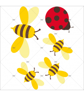 Stickers-4-abeilles-et-1-coccinelle-printanière-chambre-bébé-enfant-cuisine-salon-mural-adhésif-encres-écologiques-latex-décoration-intérieure-DECO-VITRES