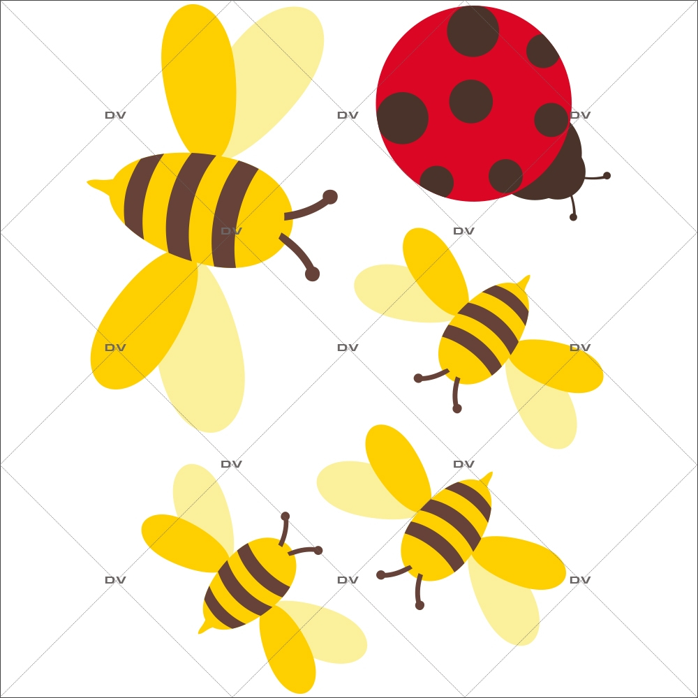 Stickers-4-abeilles-et-1-coccinelle-printanière-chambre-bébé-enfant-cuisine-salon-mural-adhésif-encres-écologiques-latex-décoration-intérieure-DECO-VITRES