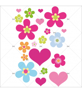 Stickers-20-fleurs-multicolores-et-coeurs-roses-chambre-bébé-enfant-fille-cuisine-salon-mural-adhésif-encres-écologiques-latex-décoration-intérieure-DECO-VITRES