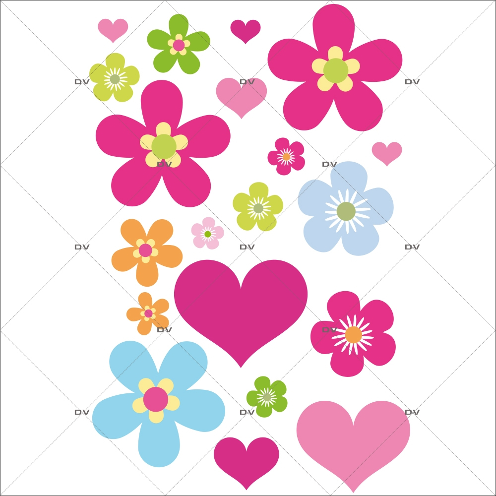 Stickers-20-fleurs-multicolores-et-coeurs-roses-chambre-bébé-enfant-fille-cuisine-salon-mural-adhésif-encres-écologiques-latex-décoration-intérieure-DECO-VITRES
