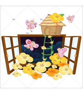 Sticker-fenêtre-fleurs-et-papillons-roses-chambre-bébé-enfant-fille-mural-adhésif-encres-écologiques-latex-décoration-intérieure-DECO-VITRES