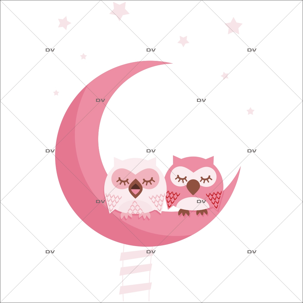 Sticker-hiboux-sur-croissant-de-lune-échelle-oiseaux-roses-chambre-bébé-enfant-adhésif-encres-écologiques-latex-décoration-intérieure-DECO-VITRES