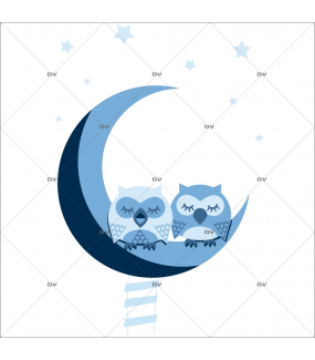 Sticker-hiboux-sur-croissant-de-lune-échelle-oiseaux-bleus-chambre-bébé-enfant-adhésif-encres-écologiques-latex-décoration-intérieure-DECO-VITRES