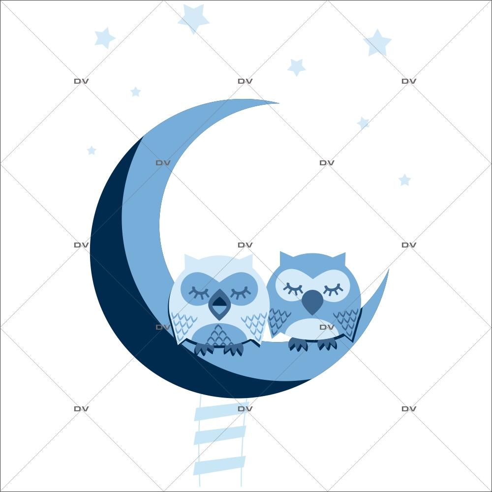 Sticker-hiboux-sur-croissant-de-lune-échelle-oiseaux-bleus-chambre-bébé-enfant-adhésif-encres-écologiques-latex-décoration-intérieure-DECO-VITRES