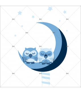 Sticker-hiboux-sur-croissant-de-lune-échelle-oiseaux-bleus-chambre-bébé-enfant-adhésif-encres-écologiques-latex-décoration-intérieure-DECO-VITRES