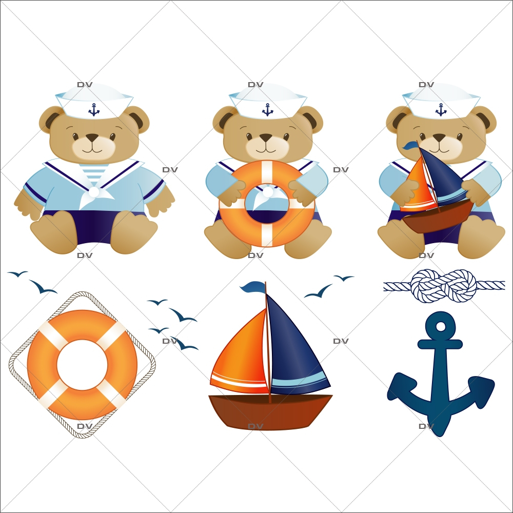 Stickers-kit-oursons-marins-bouée-ancre-mouettes-bateau-chambre-bébé-enfant-garçon-adhésif-encres-écologiques-latex-décoration-intérieure-DECO-VITRES