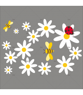 Sticker-pâquerettes-abeilles-coccinelle-fleurs-printemps-été-vitrophanie-décoration-vitrine-estivale-printanière-électrostatique-sans-colle-repositionnable-réutilisable-DECO-VITRES