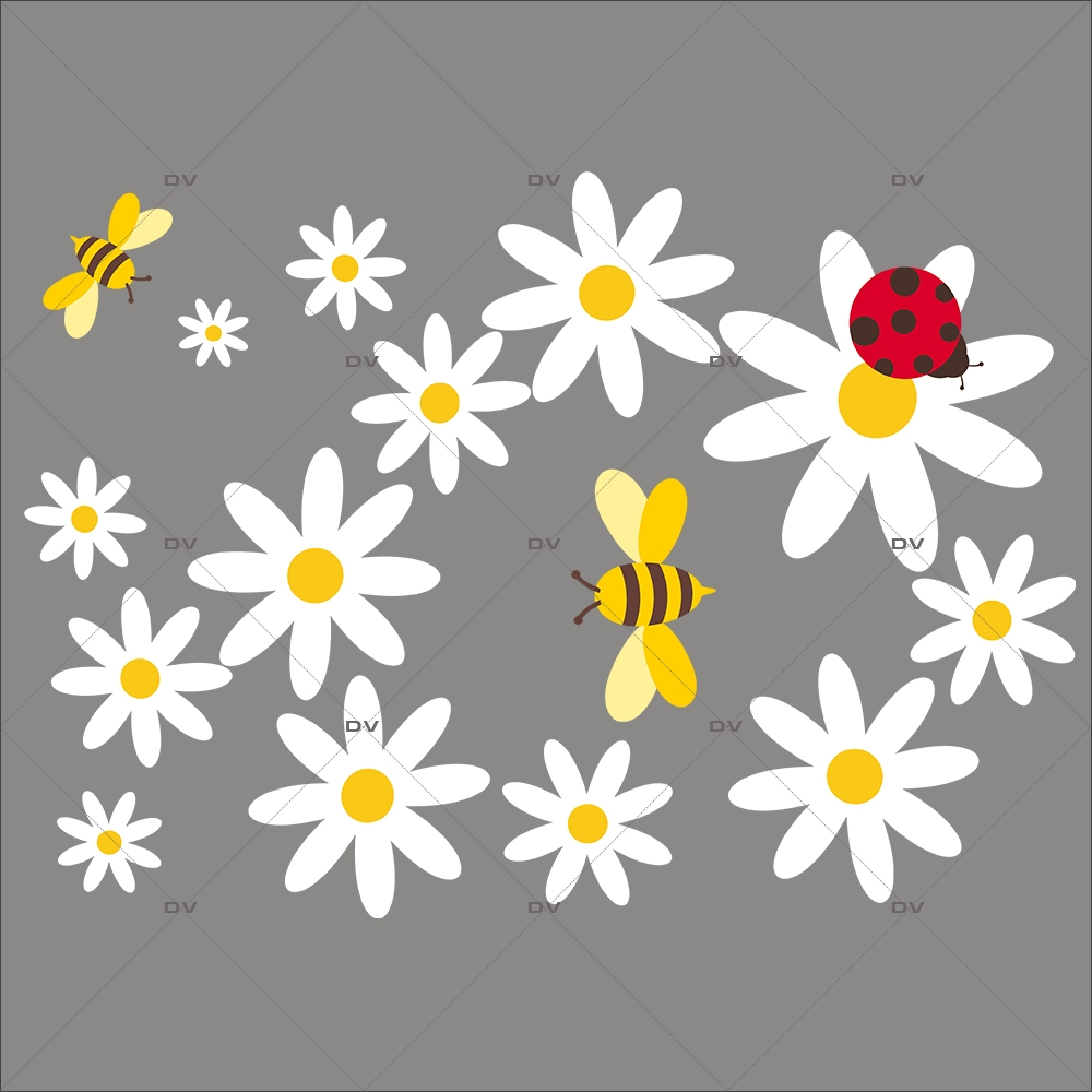 Sticker-pâquerettes-abeilles-coccinelle-fleurs-printemps-été-vitrophanie-décoration-vitrine-estivale-printanière-électrostatique-sans-colle-repositionnable-réutilisable-DECO-VITRES