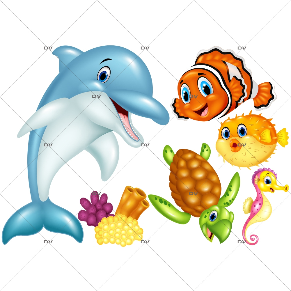 Stickers-lot-de-6-vie-sous-marine-dauphin-tortue-poisson-clown-hippocampe-mer-chambre-bébé-enfant-salle-de-bains-adhésif-encres-écologiques-latex-décoration-intérieure-DECO-VITRES