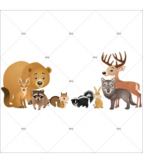 Sticker-animaux-de-la-forêt-écureuil-ours-renard-lapin-loup-cerf-mouflette-raton-laveur-chambre-enfant-bébé-mural-adhésif-encres-écologiques-latex-décoration-intérieure-DECO-VITRES