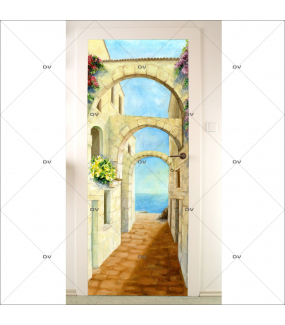 Sticker-porte-ruelle-arches-trompe-l-oeil-bord-de-mer-adhésif-encres-écologiques-latex-décoration-intérieure-DECO-VITRES