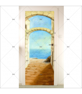 Sticker-porte-ruelle-arches-trompe-l-oeil-bord-de-mer-adhésif-encres-écologiques-latex-décoration-intérieure-DECO-VITRES