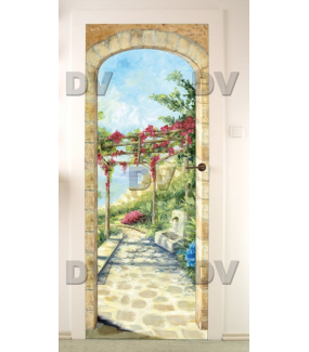 Sticker-porte-paysage-tonnelle-bougainvillées-fontaine-arche-trompe-l-oeil-bord-de-mer-adhésif-encres-écologiques-latex-décoration-intérieure-DECO-VITRES