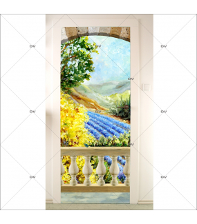 Sticker-porte-paysage-provençal-genêts-lavandes-balustres-trompe-l-oeil-Provence-adhésif-encres-écologiques-latex-décoration-intérieure-DECO-VITRES
