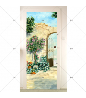 Sticker-porte-jardin-mur-de-pierres-portail-fer-forgé-trompe-l-oeil-retro-adhésif-encres-écologiques-latex-décoration-intérieure-DECO-VITRES