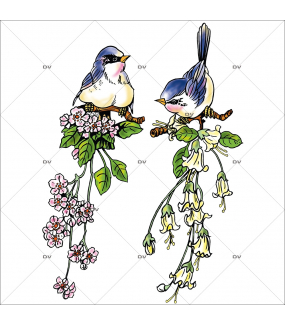 Sticker-oiseaux-fleurs-mésanges-printemps-été-vitrophanie-décoration-vitrine-estivale-printanière-électrostatique-sans-colle-repositionnable-réutilisable-DECO-VITRES