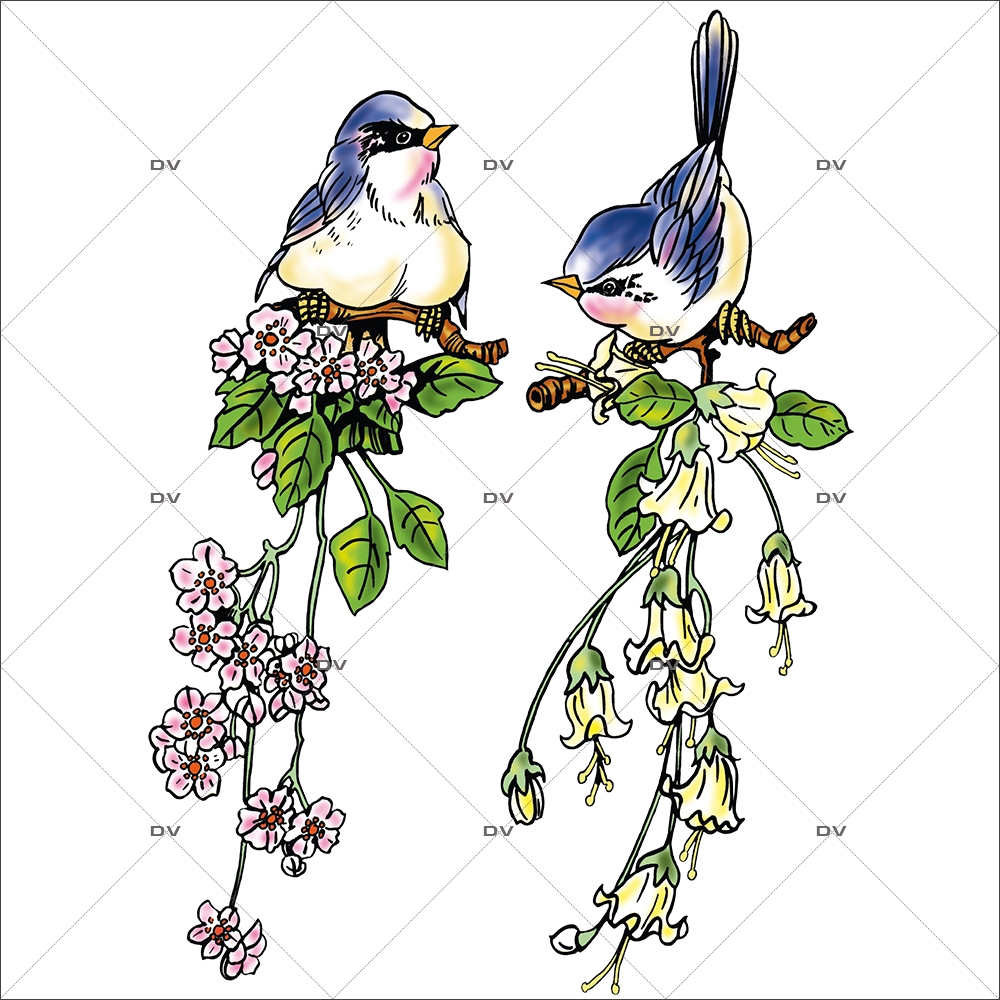 Sticker-oiseaux-fleurs-mésanges-printemps-été-vitrophanie-décoration-vitrine-estivale-printanière-électrostatique-sans-colle-repositionnable-réutilisable-DECO-VITRES