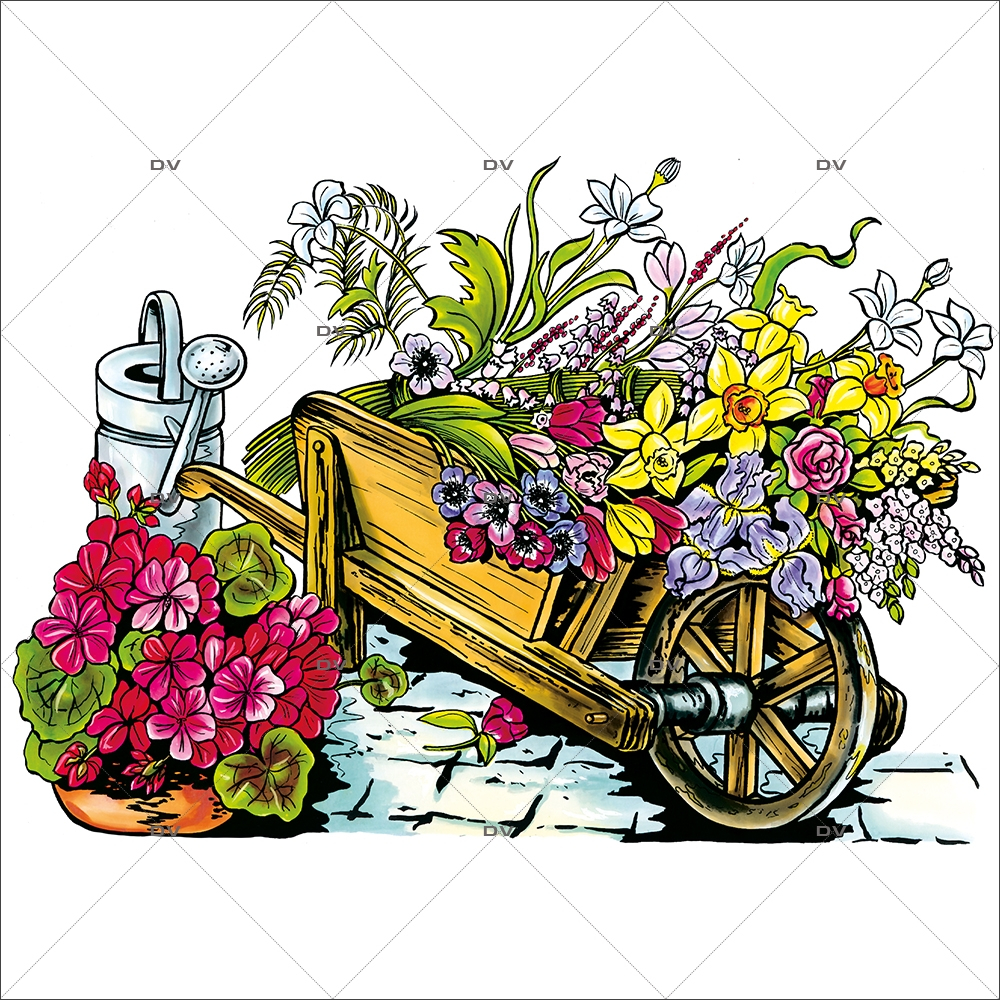 Sticker-brouette-de-fleurs-printemps-été-vitrophanie-décoration-vitrine-printanière-estivale-électrostatique-sans-colle-repositionnable-réutilisable-DECO-VITRES