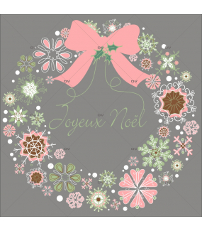 Sticker-couronne-de-noël-texte-joyeux-noël-cristaux-thème-romantique-rose-vert-couleurs-pastel-vitrophanie-décoration-vitrine-noël-opticien-électrostatique-sans-colle-repositionnable-réutilisable-DECO-VITRES