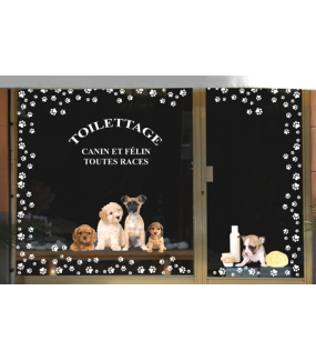 Sticker-frise-de-chiots-toilettage-chien-vitrophanie-décoration-vitrine-toiletteur-électrostatique-sans-colle-repositionnable-réutilisable-DECO-VITRES