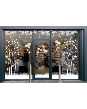 Sticker-suspensions-boules-de-noël-enseigne-texte-joyeux-noël-cristaux-thème-romantique-rose-vert-couleurs-pastel-vitrophanie-décoration-vitrine-noël-électrostatique-sans-colle-repositionnable-réutilisable-DECO-VITRES