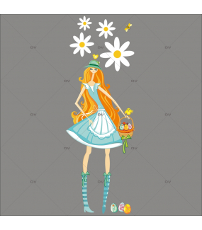 Sticker-fille-panier-oeufs-multicolores-pâquerettes-fleurs-poussins-printemps-vitrophanie-décoration-vitrine-pâques-printanière-électrostatique-sans-colle-repositionnable-réutilisable-DECO-VITRES