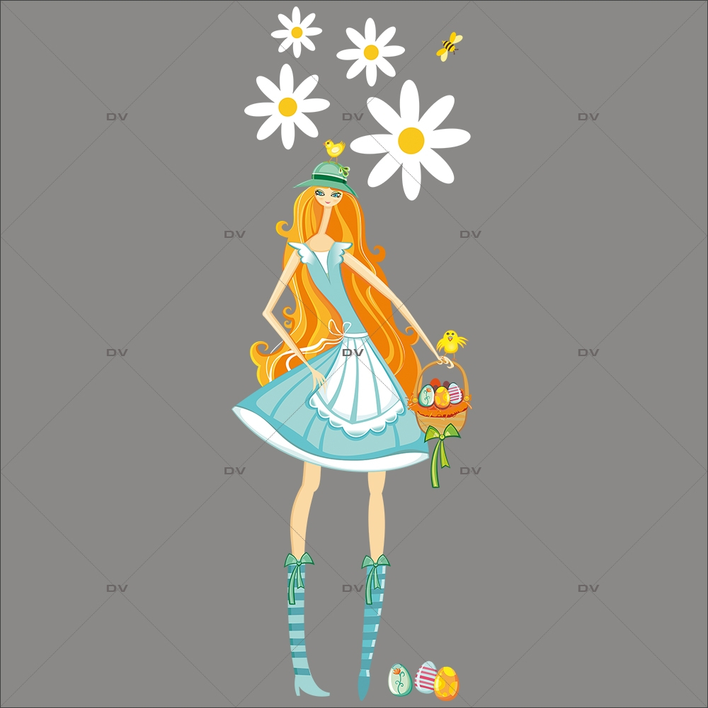 Sticker-fille-panier-oeufs-multicolores-pâquerettes-fleurs-poussins-printemps-vitrophanie-décoration-vitrine-pâques-printanière-électrostatique-sans-colle-repositionnable-réutilisable-DECO-VITRES