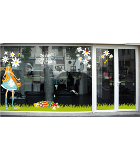 Sticker-fille-panier-oeufs-multicolores-pâquerettes-fleurs-poussins-printemps-vitrophanie-décoration-vitrine-pâques-printanière-électrostatique-sans-colle-repositionnable-réutilisable-DECO-VITRES