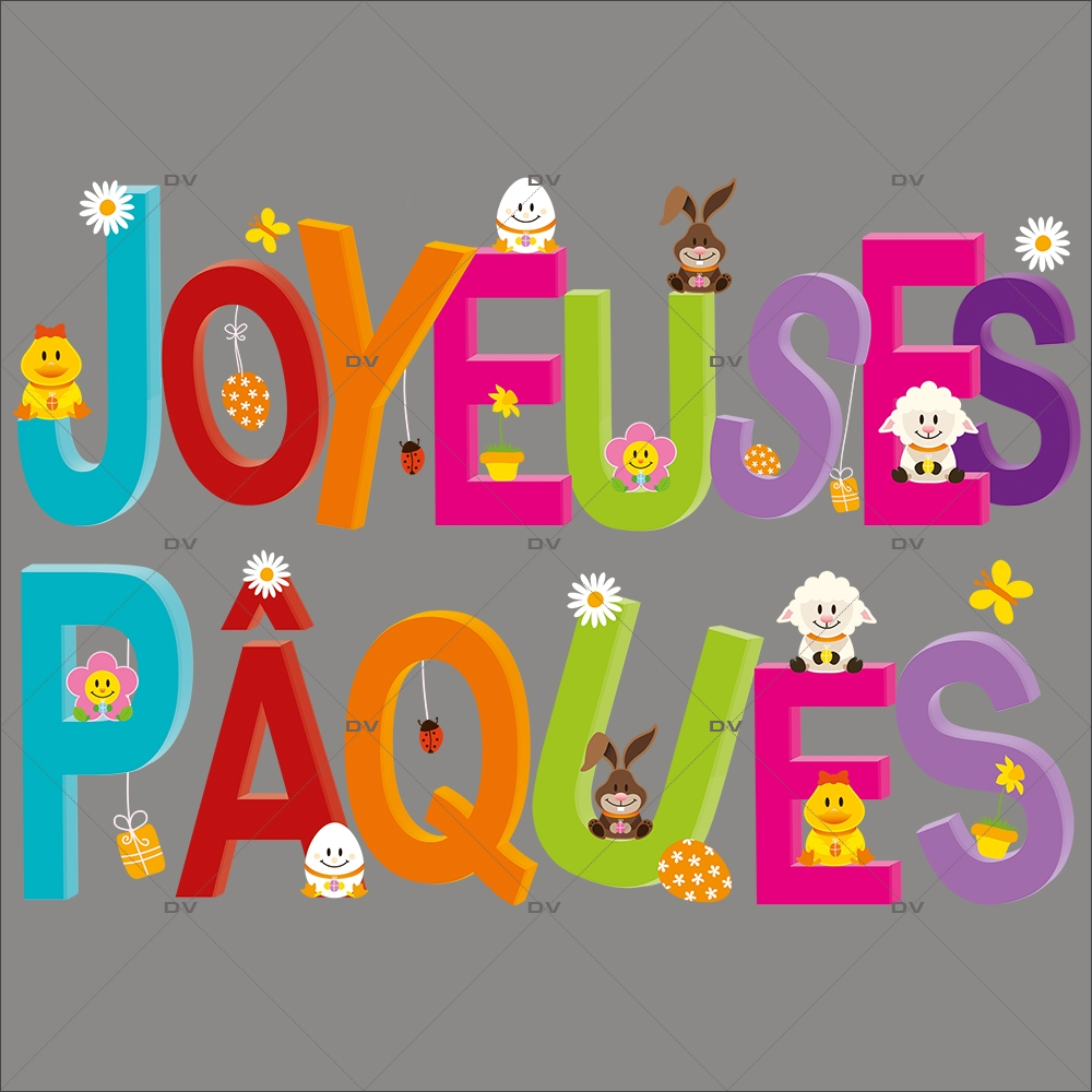 Sticker-banderole-texte-joyeuses-pâques-oeufs-lapin-pâquerette-poussin-vitrophanie-décoration-vitrine-pâques-printanière-électrostatique-sans-colle-repositionnable-réutilisable-DECO-VITRES