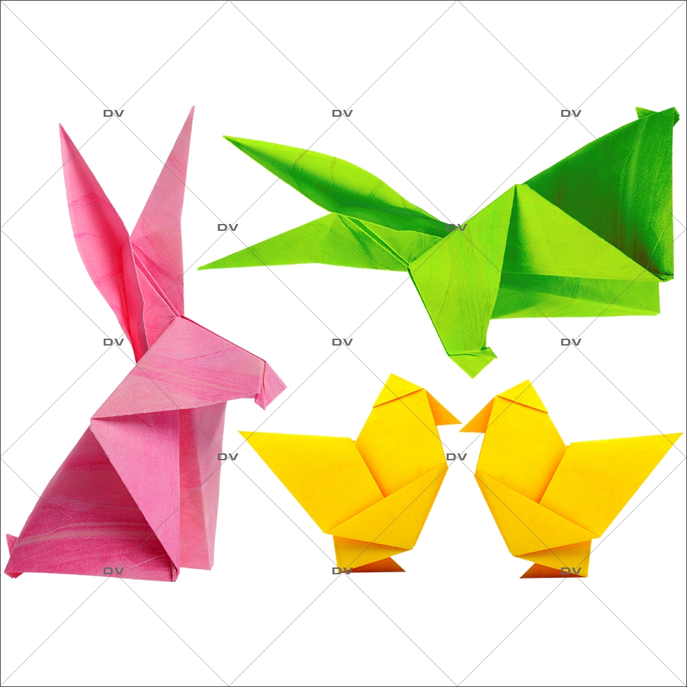 Sticker-origami-lapins-et-poussins-de-pâques-couleurs-acidulées-animaux-vitrophanie-décoration-vitrine-pâques-printanière-électrostatique-sans-colle-repositionnable-réutilisable-DECO-VITRES
