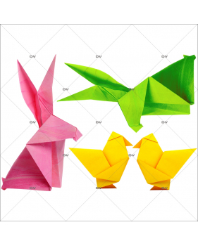 Sticker-origami-lapins-et-poussins-de-pâques-couleurs-acidulées-animaux-vitrophanie-décoration-vitrine-pâques-printanière-électrostatique-sans-colle-repositionnable-réutilisable-DECO-VITRES