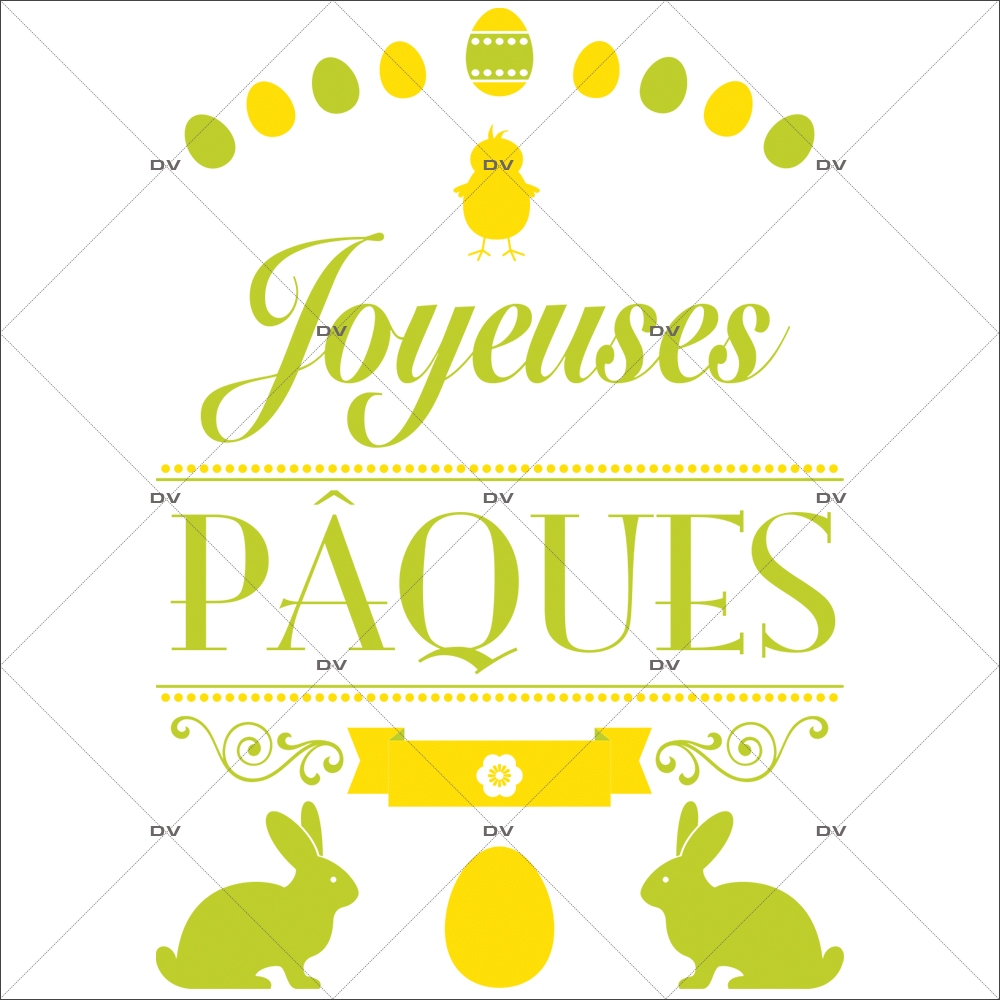 Sticker-bannière-texte-joyeuses-pâques-lapins-poussin-oeufs-fleurs-jaune-vert-vitrophanie-décoration-vitrine-pâques-printanière-électrostatique-sans-colle-repositionnable-réutilisable-DECO-VITRES