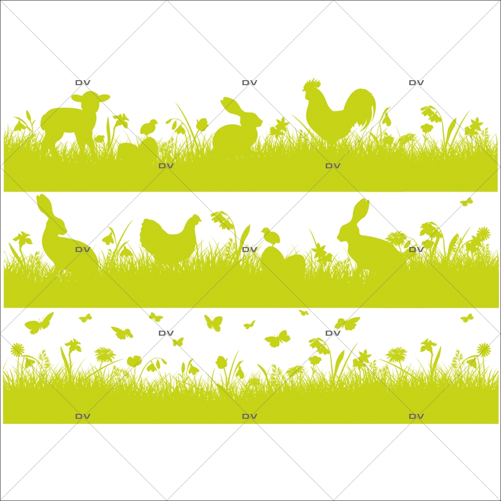 Sticker-frises-agneau-poule-lapin-poussin-herbes-animaux-basse-cour-papillons-oeufs-vert-printemps-vitrophanie-décoration-vitrine-pâques-printanière-boucherie-épicerie-fine-traiteur-charcuterie-électrostatique-sans-colle-repositionnable-réutilisable-DECO-VITRES