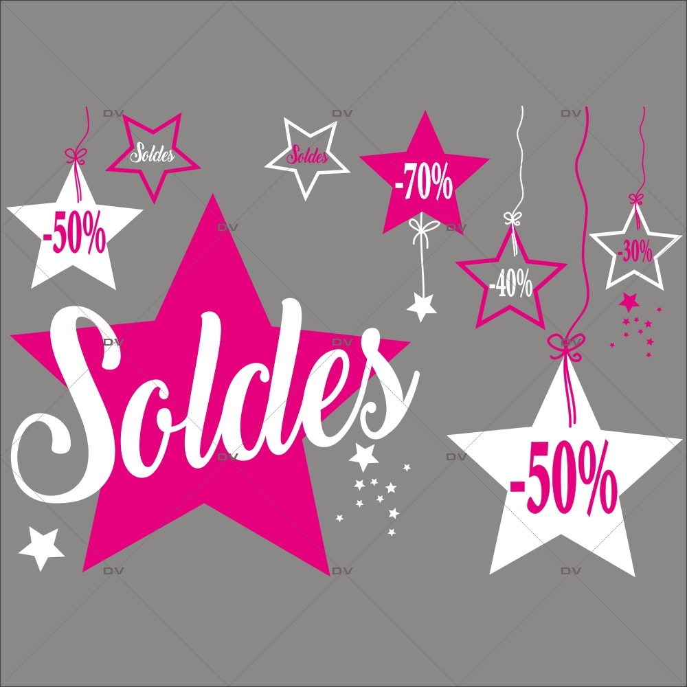 Sticker-frise-étoiles-soldes-pourcentages-blanc-rose-fuchsia-vitrophanie-décoration-vitrine-promotionnelle-électrostatique-sans-colle-repositionnable-réutilisable-DECO-VITRES