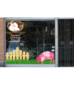 Sticker-tête-vache-médaillon-boeuf-vitrophanie-décoration-vitrine-boucherie-charcuterie-épicerie-fine-restaurant-électrostatique-sans-colle-repositionnable-réutilisable-DECO-VITRES