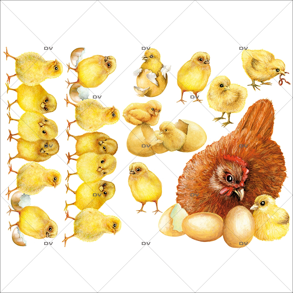 Sticker-poule-et-poussins-basse-cour-animaux-volailles-vitrophanie-décoration-vitrine-pâques-printanière-électrostatique-sans-colle-repositionnable-réutilisable-DECO-VITRES