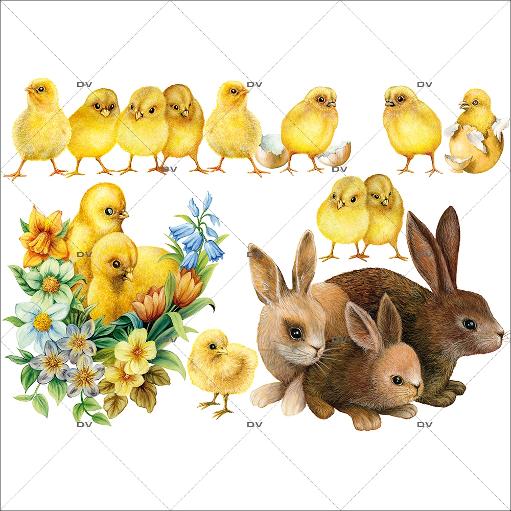 Sticker-lapins-et-poussins-basse-cour-animaux-vitrophanie-décoration-vitrine-pâques-printanière-électrostatique-sans-colle-repositionnable-réutilisable-DECO-VITRES