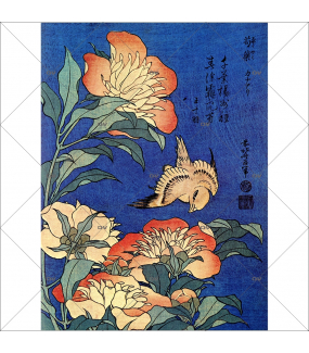 Sticker-vitrail-Hokusai-pivoines-oiseaux-Japon-vitrophanie-électrostatique-ou-adhésif-décoration-fenêtres-DECO-VITRES